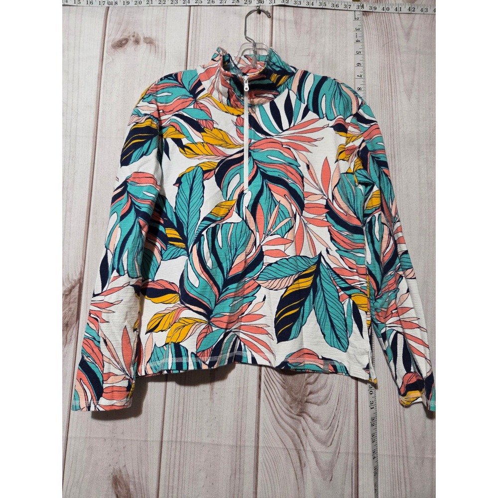 T by Talbots Women's Tropical Leaf Print 1/4 Zip Pullover Sweater Size S